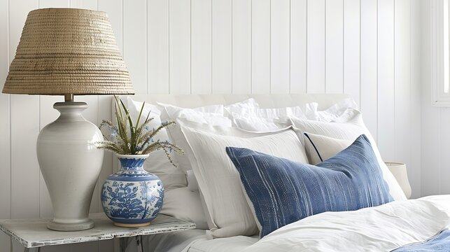 White and blue coastal style bedroom with sided table lamp : Generative AI