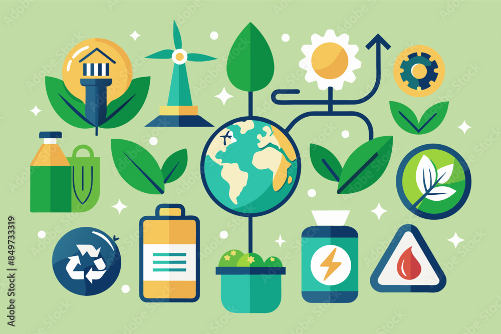 Poster a green poster with a plant and a globe, an icon set representing eco-friendly product alternatives 