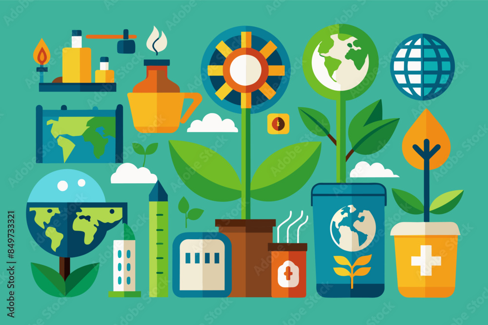 Poster a green poster with a plant and a globe, an icon set representing eco-friendly product alternatives 
