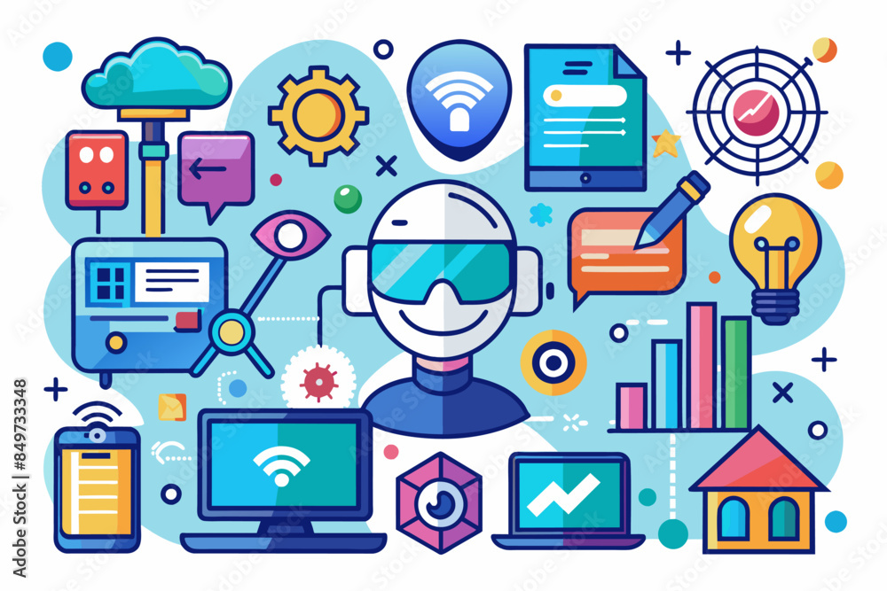 Fototapete a flat design with icons and symbols, an icon set representing emerging technology trends in vector 