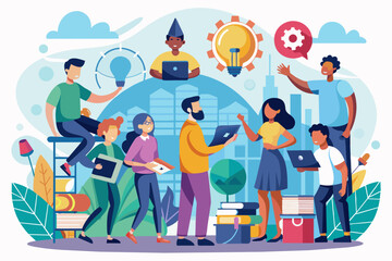 a group of people standing around a laptop, An experiential learning initiative offering hands-on opportunities for skill development