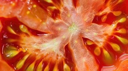 Tomato slice macro close-up. Fresh tomato texture surface for wallpaper banner background with copyspace