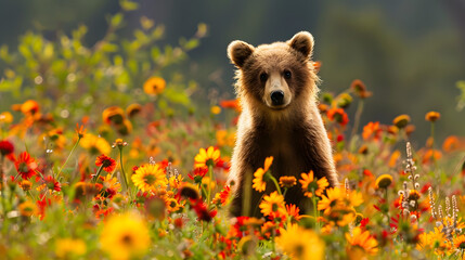Fototapeta premium a young bear stands in the middle of a bright flower field 