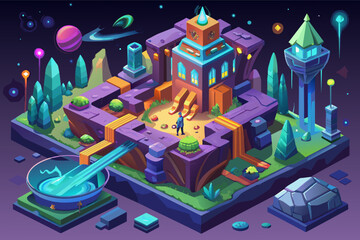 a small city with a fountain and a spaceship, An isometric concept art for a sci-fi or fantasy world