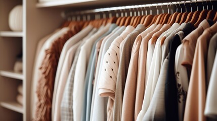 A closet with clothes hanging on racks and a rack of shirts, AI