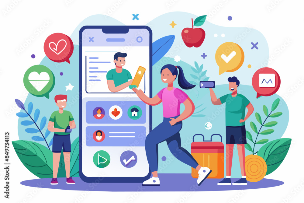 Poster a man and woman are standing next to a phone with a message on it, personalized health app offering tailored recommendations for diet, exercise, and wellness