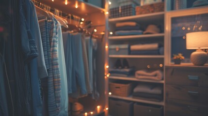 A closet with clothes and a lamp on the shelf, AI