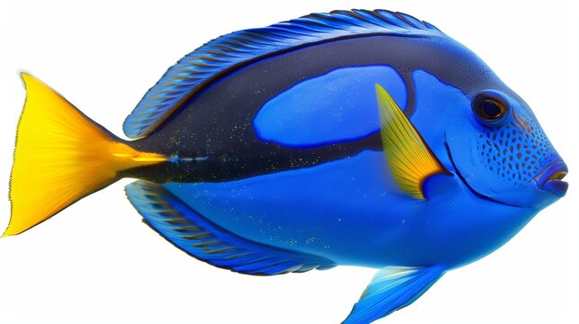 Powder blue tang fish is swimming in clear water showing off its beautiful blue and yellow coloring