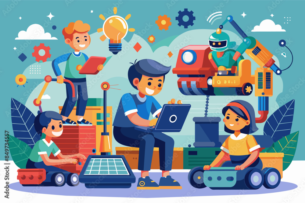 Wall mural a group of people sitting around a laptop, robotics competition challenging students to design and b