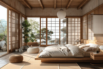 A bedroom with sliding shoji screens, a platform bed, and natural textures, creating a peaceful retreat. Concept of Japandi-inspired sleep environment. Generative Ai.