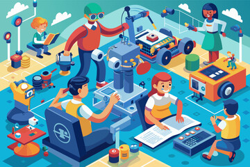 a group of people sitting around a laptop, robotics competition challenging students to design and build autonomous robots