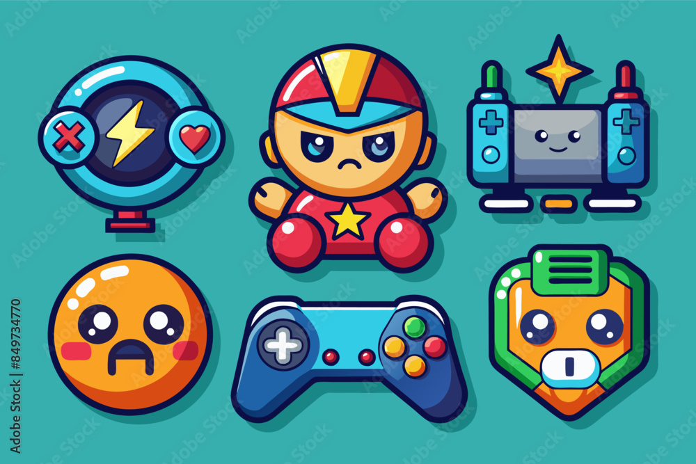Poster a set of cartoon video game icons, setvector icons for a gaming app, featuring game controllers, cha