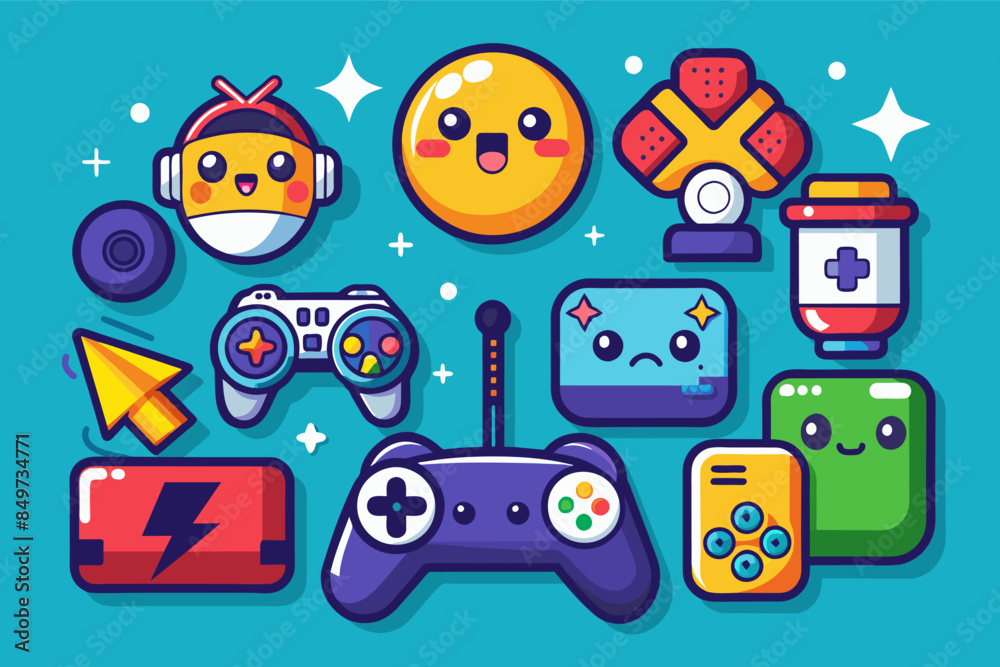Poster a set of cartoon video game icons, setvector icons for a gaming app, featuring game controllers, cha