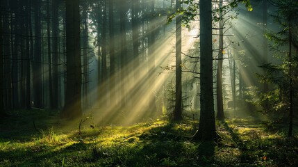 Naklejka premium Sun rays stream through a dense forest.