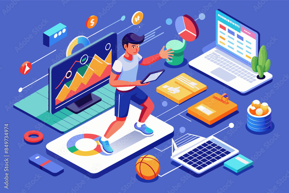 Poster a man is standing on a tablet with a laptop and other items surrounding him, healthcare data analyti