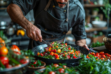 A chef preparing a vibrant salad with organic ingredients, promoting clean eating. Concept of health-conscious cooking. Generative Ai.