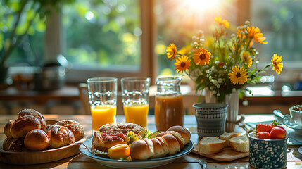 Naklejka premium The home kitchen's wooden table has fresh baked goods, scones, strawberries and juice glasses and a vase of flowers in front of a large window with sunlight. Family breakfast