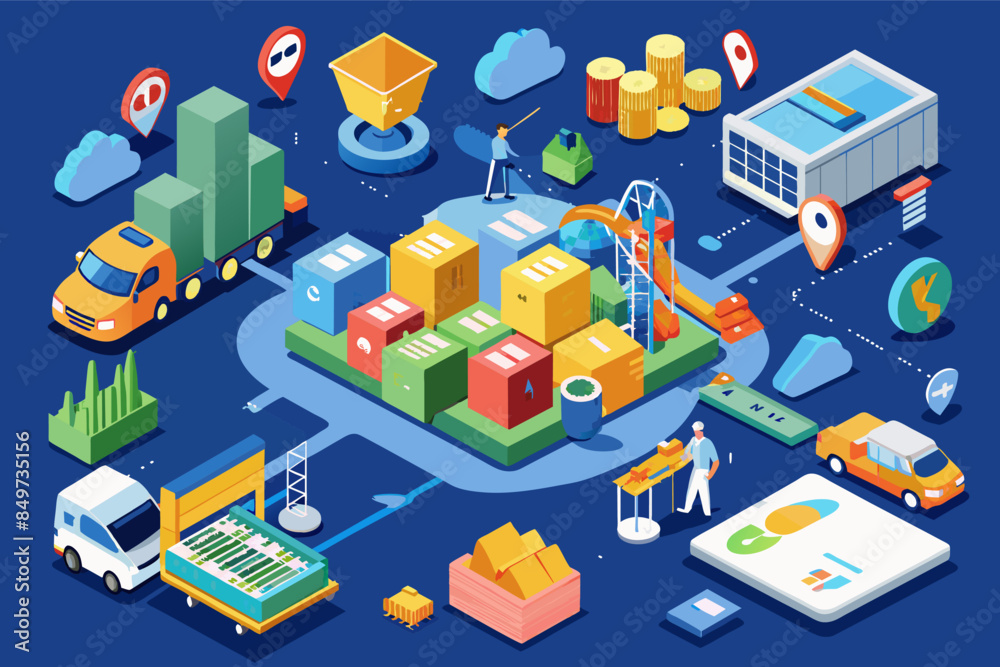 Poster a blue background with a bunch of different items, supply chain optimization solution for streamlining operations and reducing costs