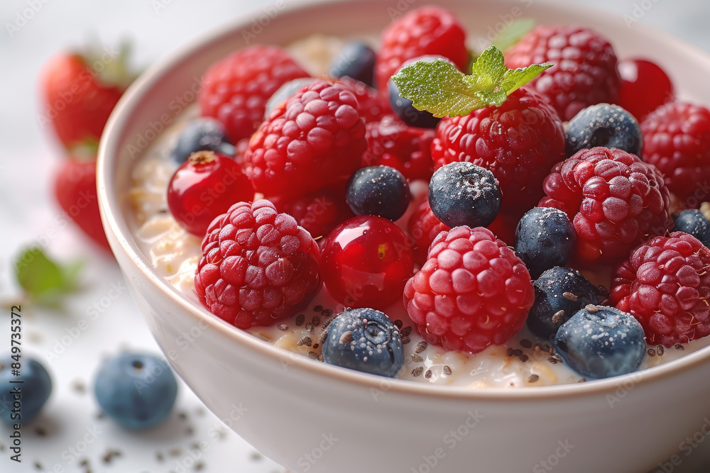 Poster A bowl of oatmeal topped with berries and seeds, illustrating a nutritious breakfast. Concept of starting the day with healthy choices. Generative Ai.