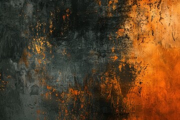 Orange and black texture background with grunge effect, perfect for design projects that require a raw and industrial look. The contrasting colors create a bold and eye-catching effect
