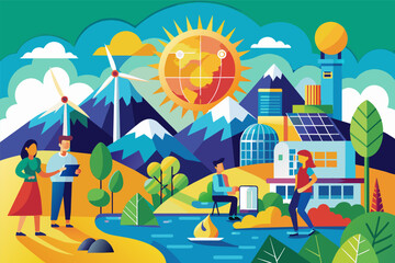 a group of people standing in front of a building, vector poster promoting renewable energy adoption