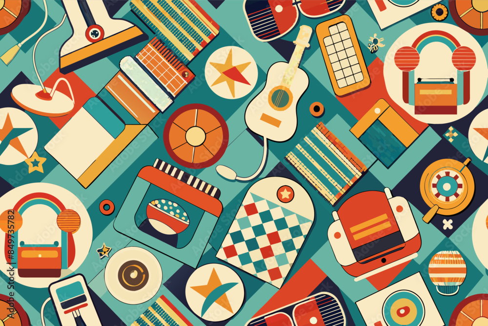 Poster a colorful pattern with retro cars and other things, vintage-inspired pattern with retro elements