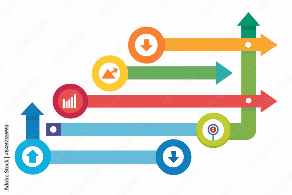 Poster a colorful arrow chart with arrows pointing to different directions, Create infographic arrows to illustrate progression or sequential steps in a process