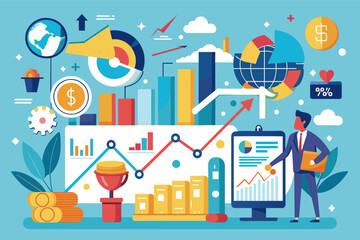 a man standing in front of a board with graphs and graphs, Create an infographic illustrating key economic trends and market forecasts