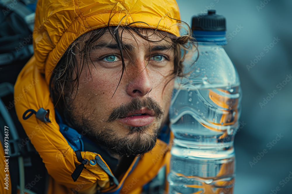 Wall mural a hiker drinking water from a bottle, emphasizing the importance of hydration. concept of staying hy