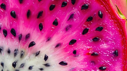 Dragon fruit slice macro cut close-up. Fresh dragon fruit texture surface for wallpaper banner...