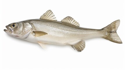 Fototapeta premium Silver sea bass on a white background, perfect for healthy meals with omega-3 and protein. Versatile for cooking at home or in restaurants. Rich in detail for culinary and wildlife enthusiasts