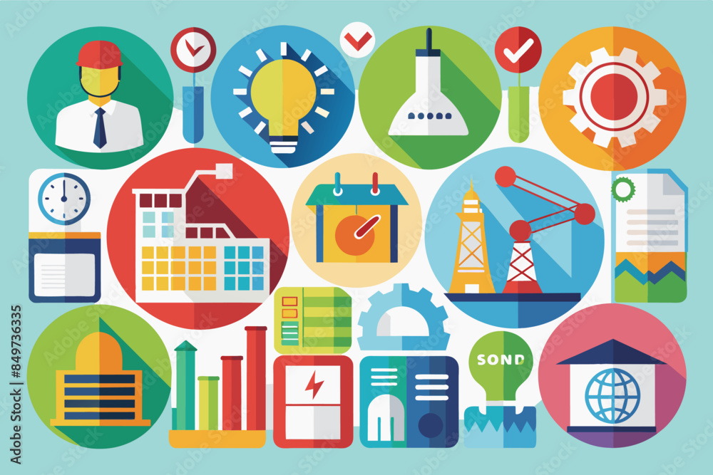 Poster a poster with various icons and symbols, setcolorful icons representing various industries for busin