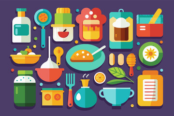 a poster with various food items and utensils, seriesicons for a cooking app showcasing different ingredients and utensils