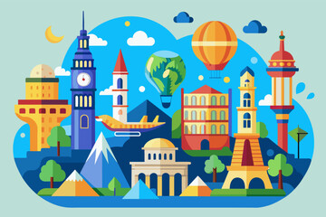 a poster with different types of buildings and buildings, seticons for a travel app featuring landmarks from around the world