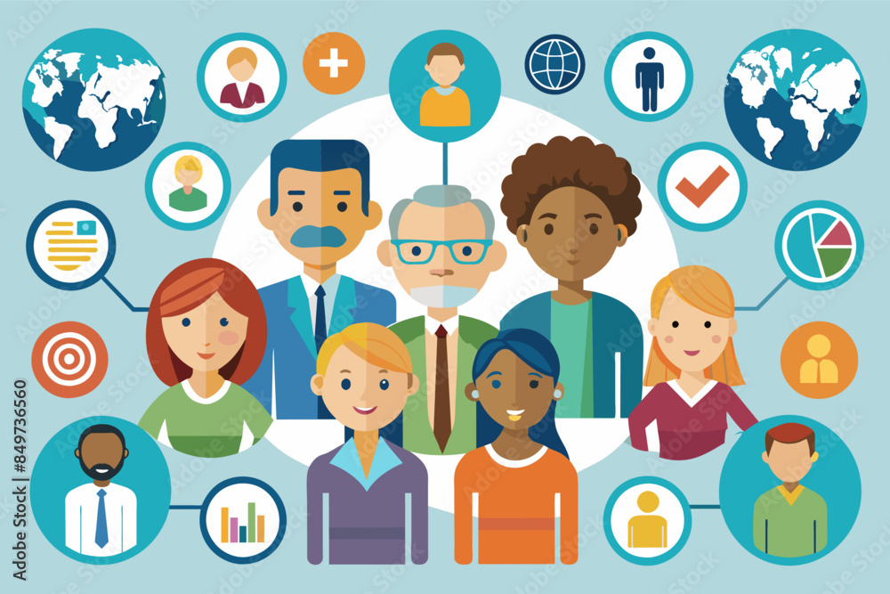 Poster a group of people with different icons, design icons depicting different demographic groups for popu