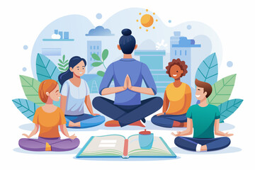 a group of people sitting on the ground with books, educational workshop on mindfulness and stress management techniques
