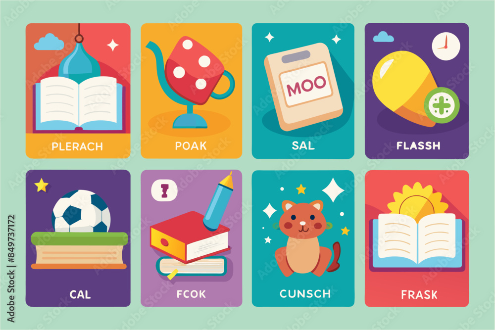 Fototapete a set of icons with different items for learning, seriesflashcards to help students memorize importa