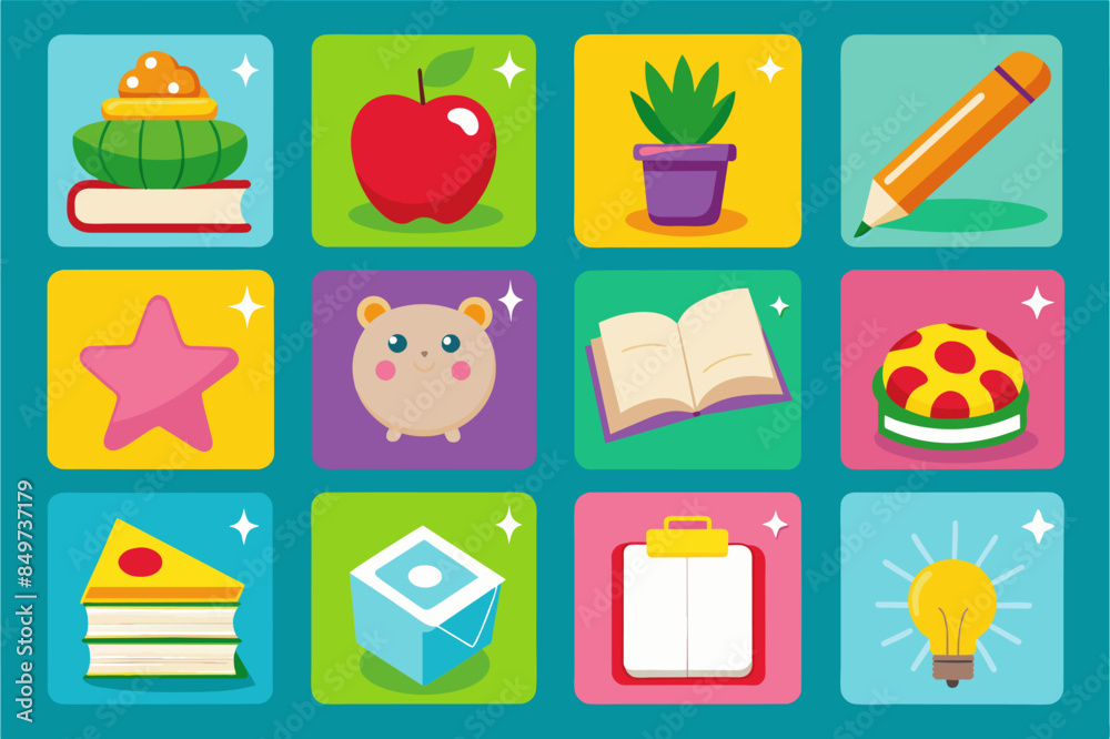 Fototapete a set of icons with different items for learning, seriesflashcards to help students memorize importa
