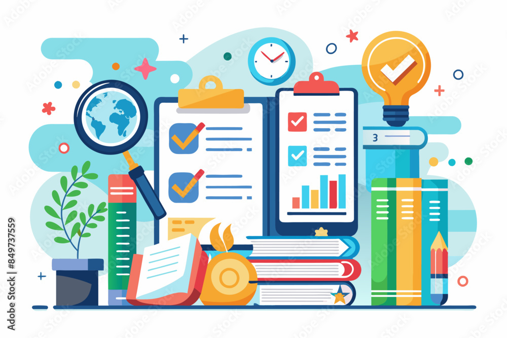 Aufkleber a laptop with a magnifying glass and books on it, write a comprehensive study guide for preparing st