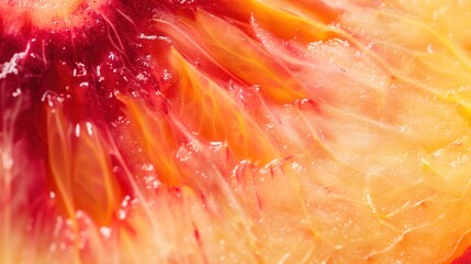 Peach slice macro cut close-up. Juicy peach texture surface for wallpaper banner background with copyspace