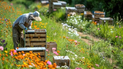 A man is working in a field of flowers and bees. He is wearing a hat and apron