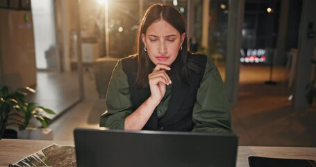 Thinking, laptop and woman in night office with documents for accounting, solution and planning, budget or investment choice. Why, idea and accountant with questions of economy, inflation or trading