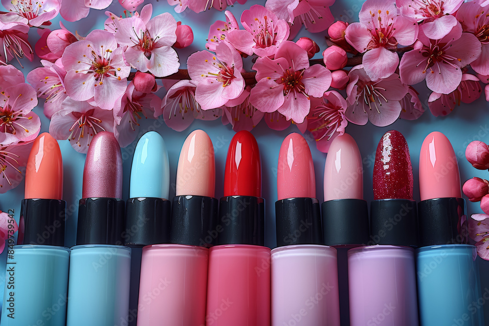 Poster a variety of spring-themed nail polishes in bright and pastel colors. concept of seasonal beauty and