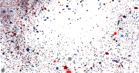 Festive background with confetti in the shape of stars in the color of the American flag.