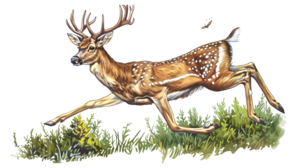 Illustration of deer running in grass isolated on a transparent background, PNG, Ai