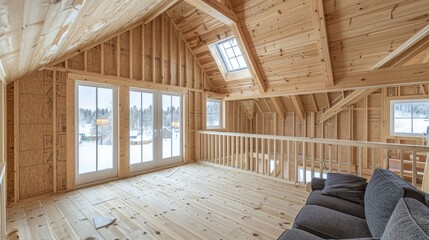 A large open living room with a wooden floor and a couch. The room is empty and has a cozy, warm atmosphere