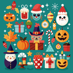 Festive Seasonal Vector Icons: Christmas, Halloween, Easter, New Year, Thanksgiving, Valentine's Day
