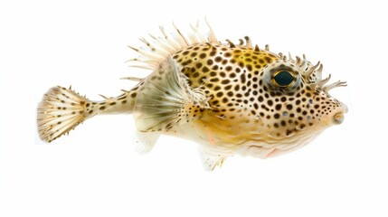 Naklejka premium Striped burrfish showcasing its unique spotted pattern and spiky appearance as it swims against a pristine white backdrop