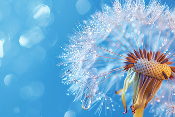 A dandelion seed head with drops of dew against a blue background with bokeh. Nature background or wallpaper with copy space.