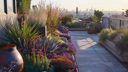 beautiful rooftop container garden with succulents and ornamental grasses